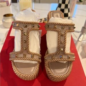 Valentino Studded Rope-Trim Slide Sandals — Beige